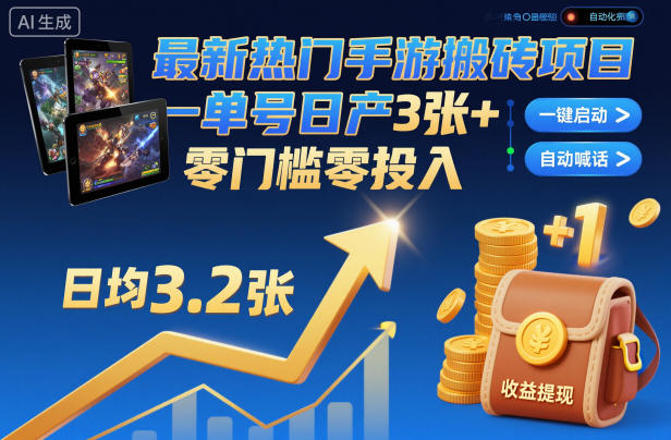 最新热门手游搬砖项目，一键自动化挂G，单号日产3张+，零门槛零投入【揭秘】-乡甜网-郭猛农村淘宝
