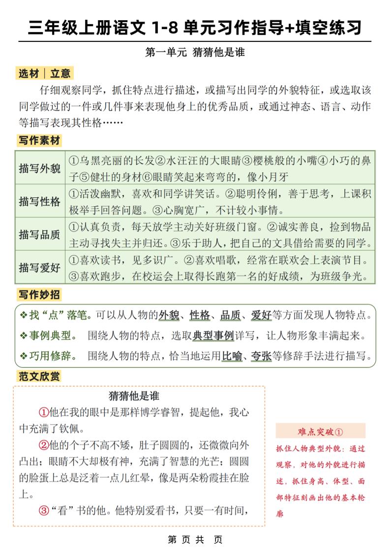 新三上语文1-8单元作文习作指导+填空练习(32页)-乡甜网-郭猛农村淘宝
