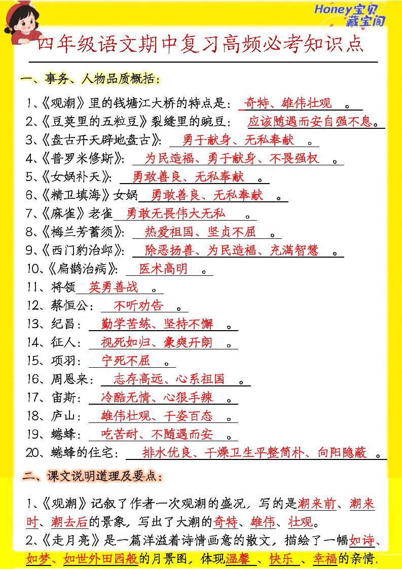 四上语文期中高频考点-乡甜网-郭猛农村淘宝