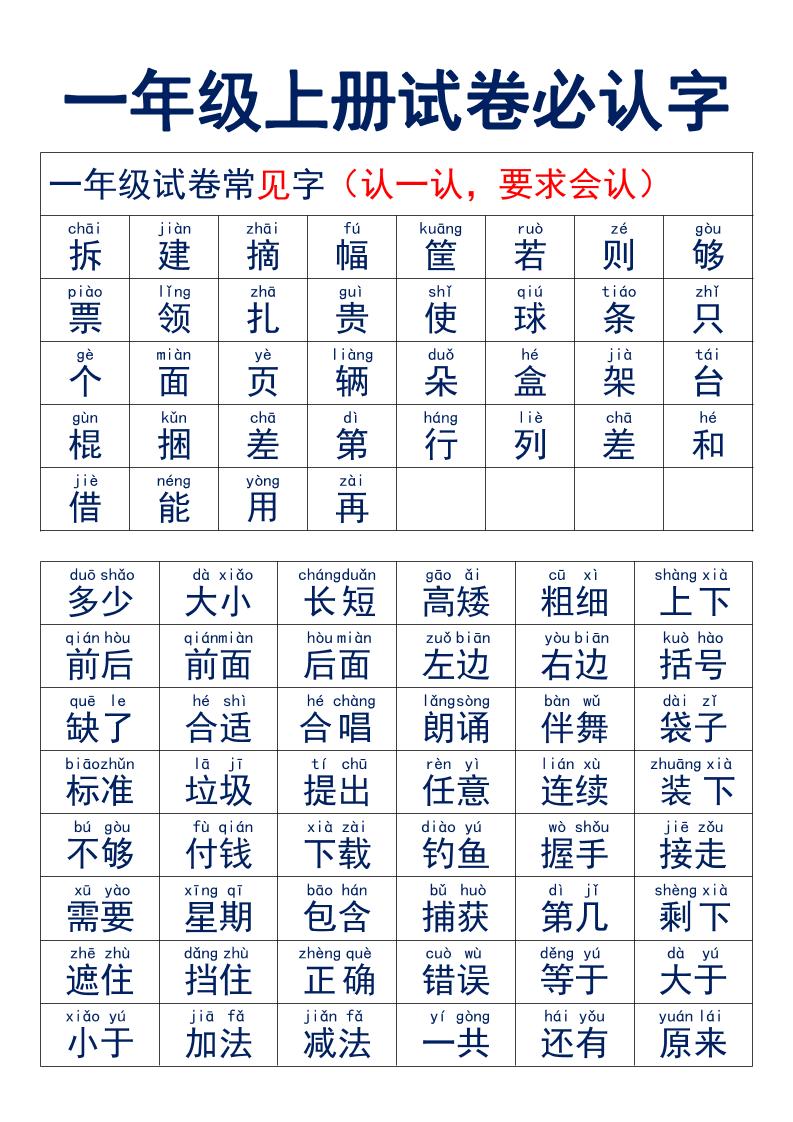 一年级上语文试卷必认字-乡甜网-郭猛农村淘宝