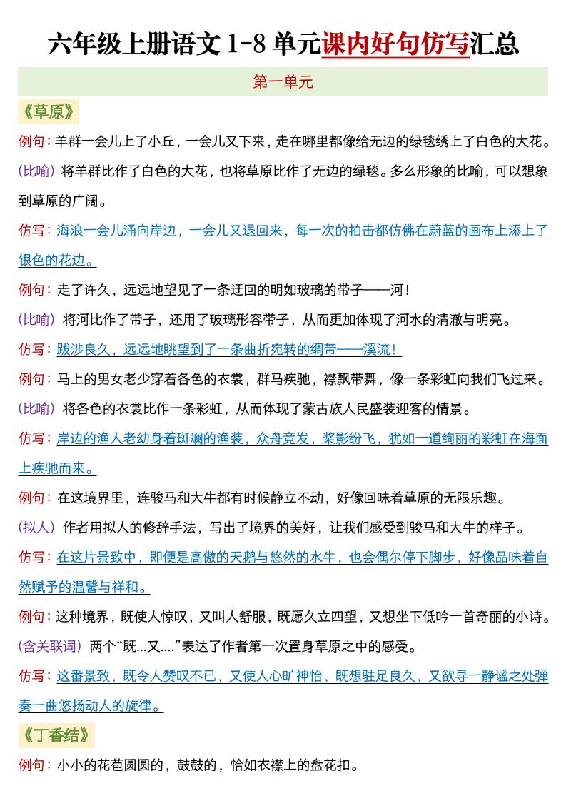 六年级上语文1-8单元课内好句仿写汇总-乡甜网-郭猛农村淘宝