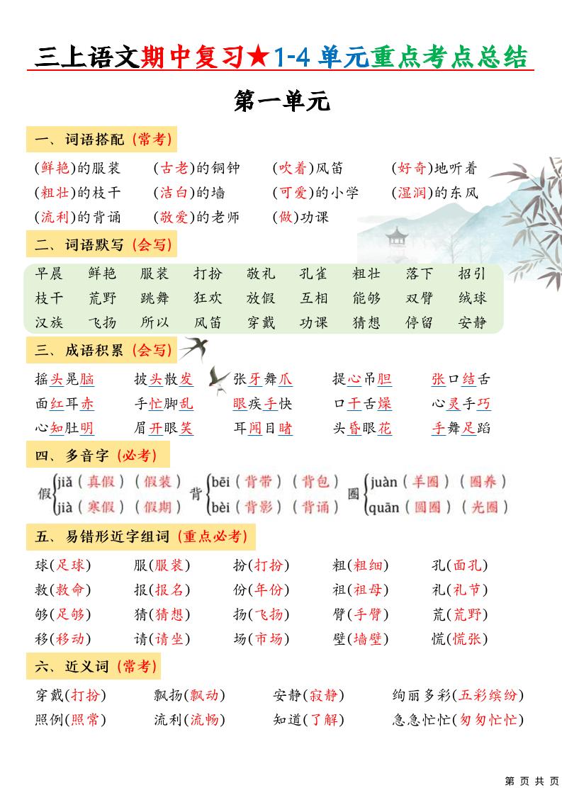三上语文期中高频考点-乡甜网-郭猛农村淘宝