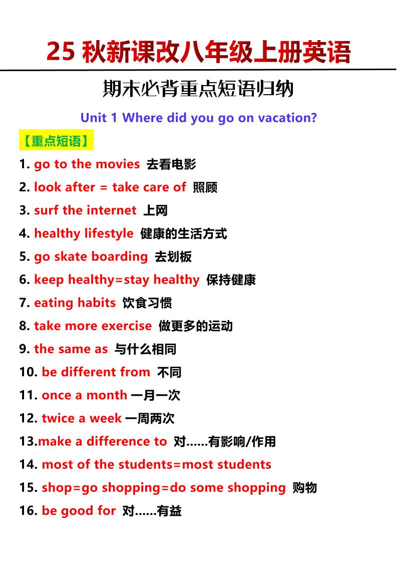【2025秋新版】八年级上册英语期末必背重点短语归纳-乡甜网-郭猛农村淘宝