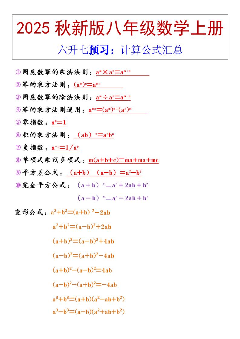 【2025秋新版】八年级上册数学计算公式汇总-乡甜网-郭猛农村淘宝
