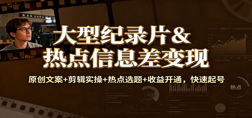 大型纪录片&热点信息差变现：原创文案+剪辑实操+热点选题+收益开通，快速起号-乡甜网-郭猛农村淘宝