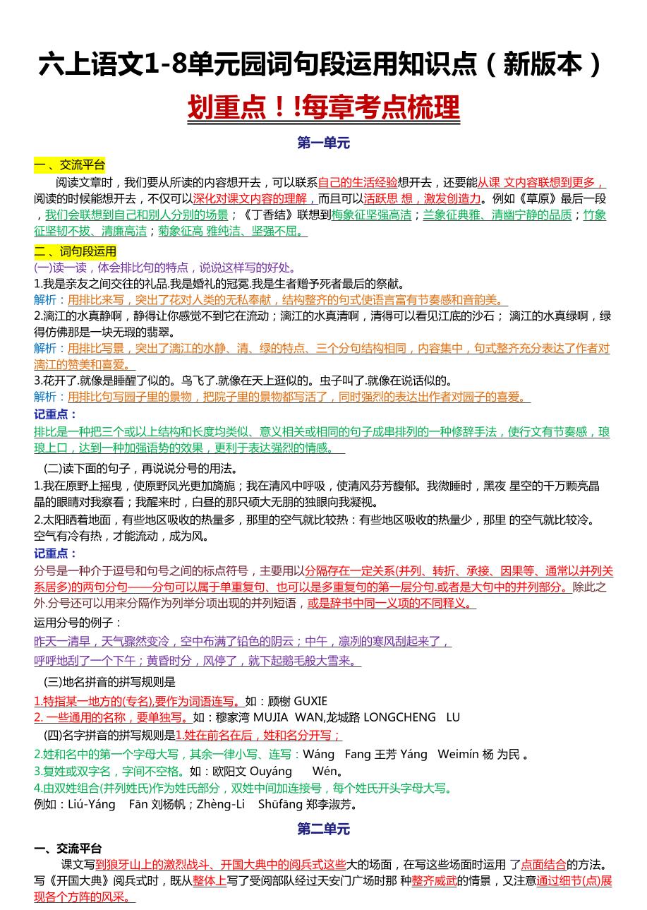 六上语文1-8单元园词句段运用知识点（新版本）docx-乡甜网-郭猛农村淘宝