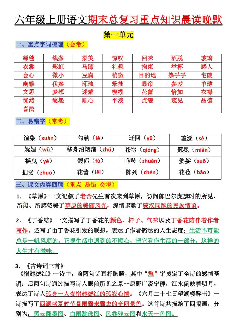 六上语文复习重点晨读单(16页)-乡甜网-郭猛农村淘宝