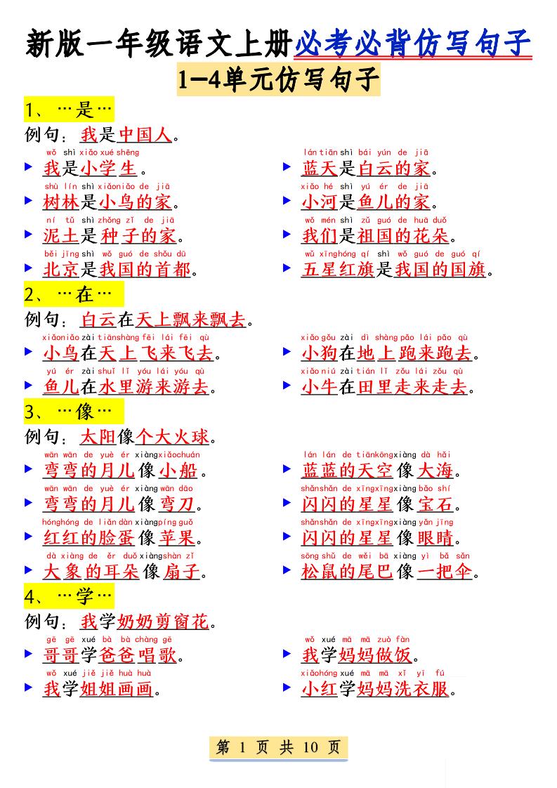新一上语文必考必背仿写句子(含仿写练习10页)-乡甜网-郭猛农村淘宝